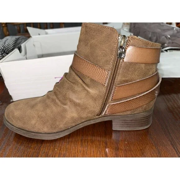 Blowfish Malibu Brown Veto Faux Suede Ankle Boots Side Zip Women 8 Buckle New - Picture 2 of 13